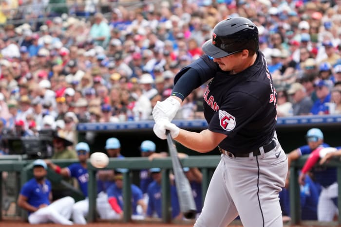 Mar 12, 2024; Surprise, Arizona, USA; Cleveland Guardians designated hitter Kyle Manzardo (73) bats against the Texas Rangers during the second inning at Surprise Stadium.